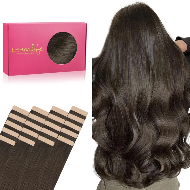 WENNALIFE Tape in Hair Extensions Human Hair, 10inch 20pcs 30 Cool Dark Brown Real Human Hair Tape Extensions