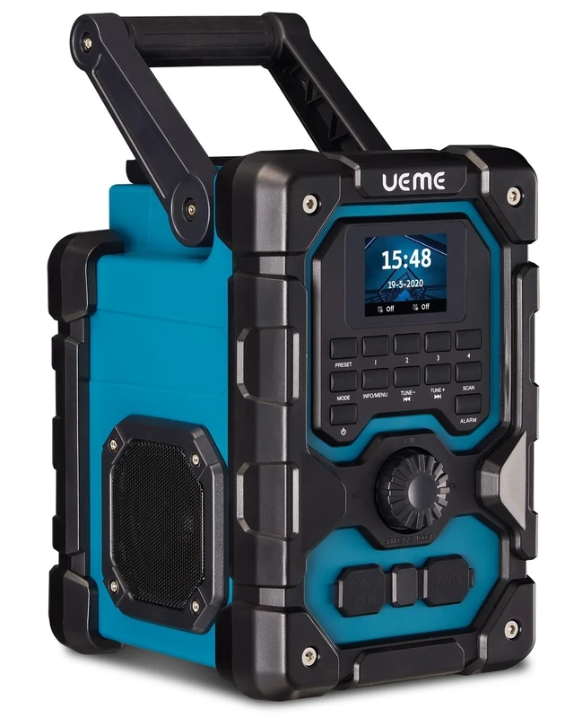 UEME 16W DAB/DAB+ FM Cordless Site Radio, Bluetooth, Rechargeable Battery, AUX, USB Phone Charging, 3 Pin Plug, Blue