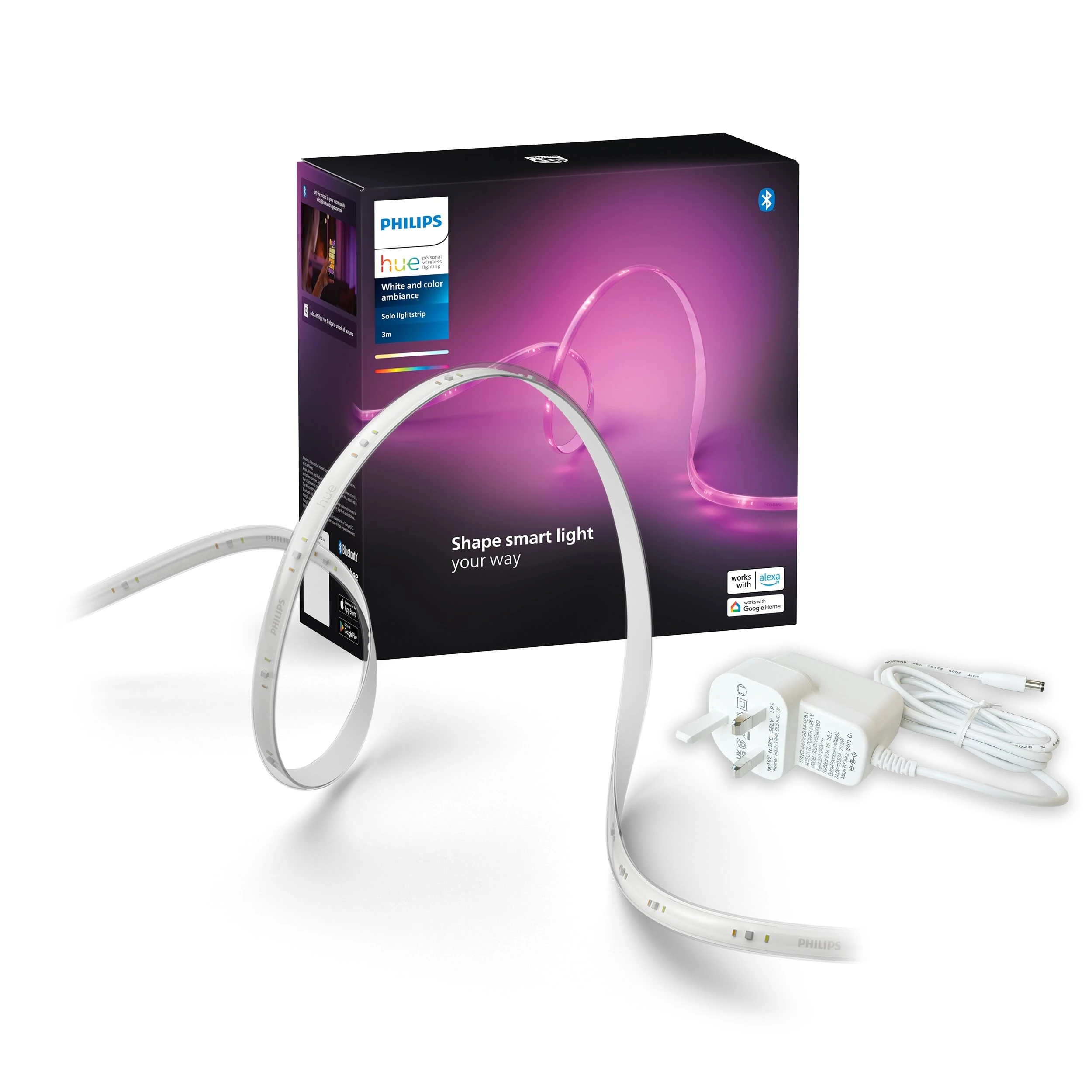 Philips Hue Indoor 3-Meter Smart LED Solo lightstrip (Non Extendable) - 1 Pack - Control with Hue App - Works with Alexa, Google Assistant and Apple HomeKit, Plug Type G, White [Energy Class G]