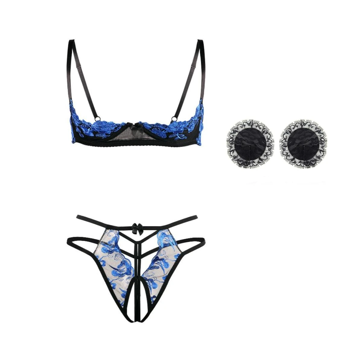 KFLY Bra and Panties Set Lace Floral Embroidery Lingerie Set 1/4 Cup Push Up Shelf Bra with Thong Nipple Covers 3 Pieces Underwear Nightwear for Valentine's Day Anniversaries Blue