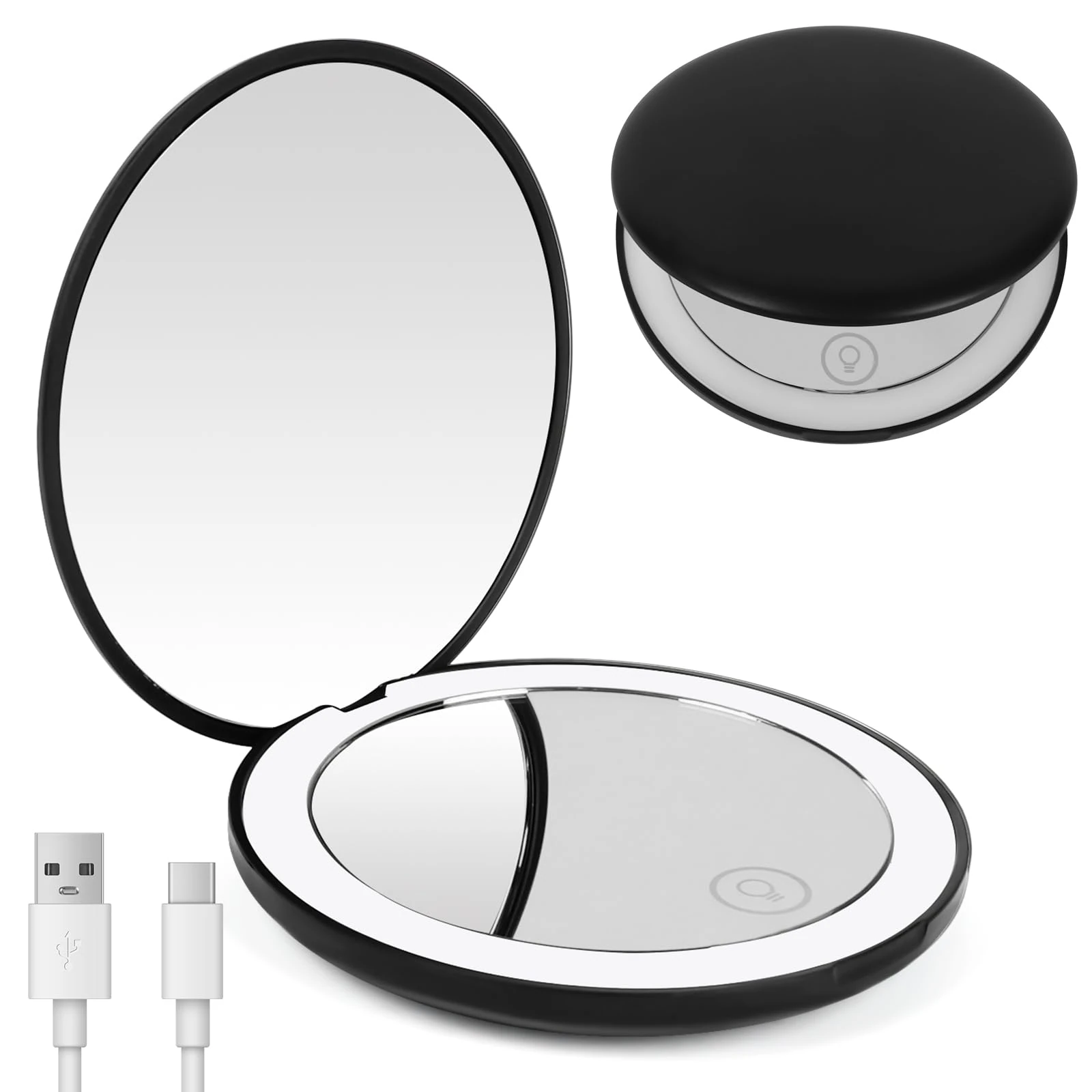 OSDUE Compact Travel Mirror with Light, 1x/10x Magnifying Makeup Mirror, Rechargeable LED Pocket Mirrors for Purse and Handbag,Handheld 2-Sided Mini Portable Foldable Mirrors,Gifts for Women(Black)