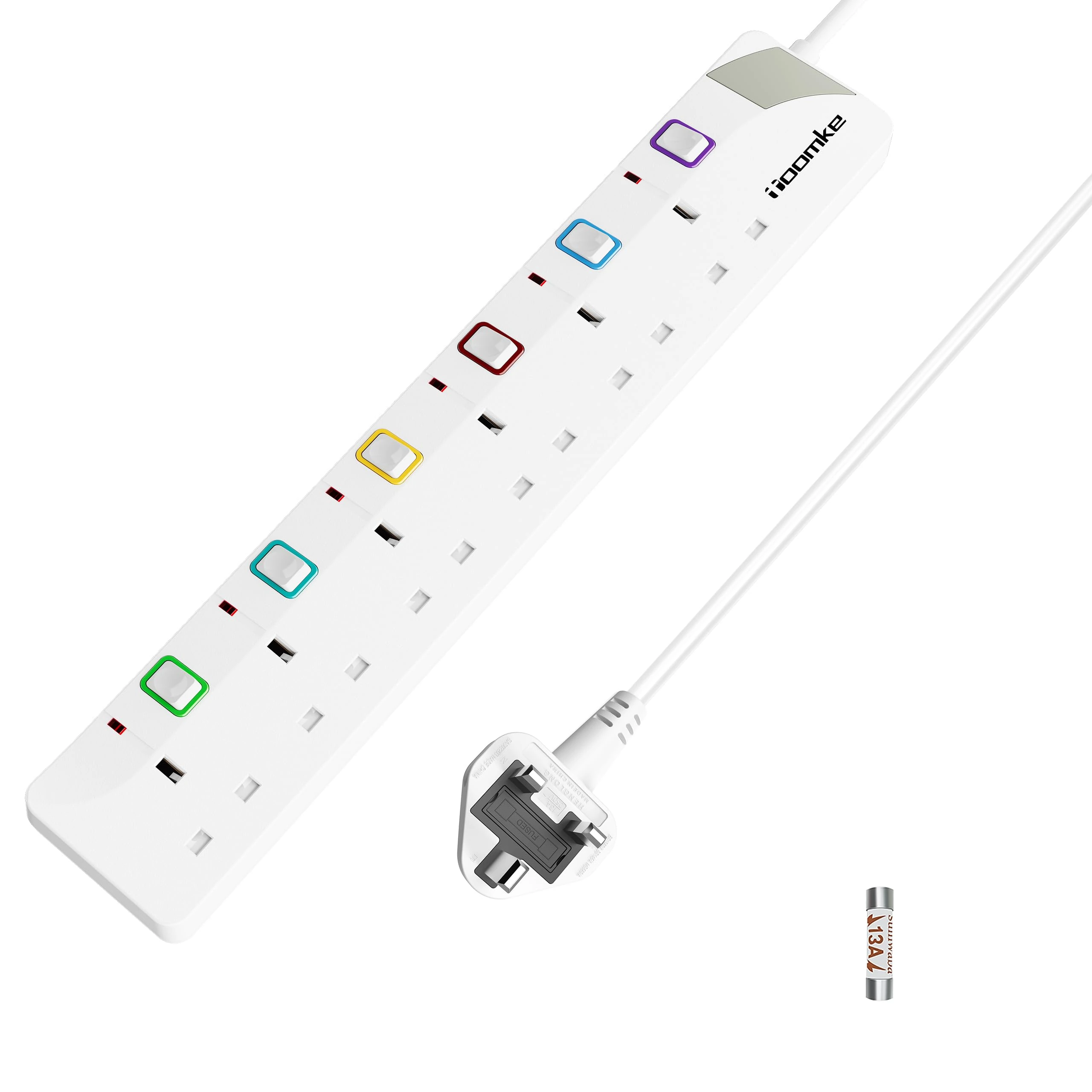 6 Way Extension Lead with Individual Switches, Toomke 6 Gang Plug Sockets Wall Mountable Power Strip 1.5M Extension Cable UK Plug 13A 3250W for Kitchen Office Home