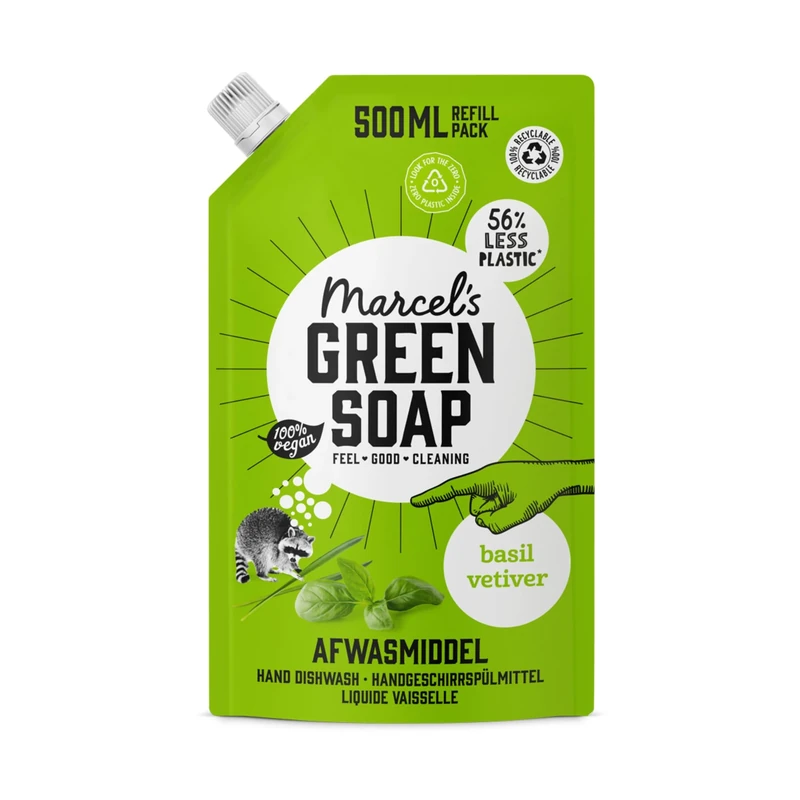 Marcel's Green Soap Washing-up Liquid Refill - Basil & Vetiver - Dishwashing Liquid - Saves 56% of plastic - Eco friendly - Vegan - 97% Biodegradable - 500 ML