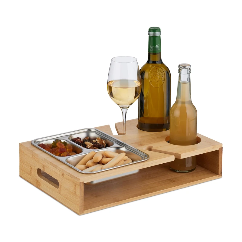 Relaxdays Snack Tray, Couch Bar, Bamboo, Stainless Steel Bowl, Drinks & Wine Glass Holder, Handles, Natural/Silver, 8 x 36.5 x 25 cm - Image 1