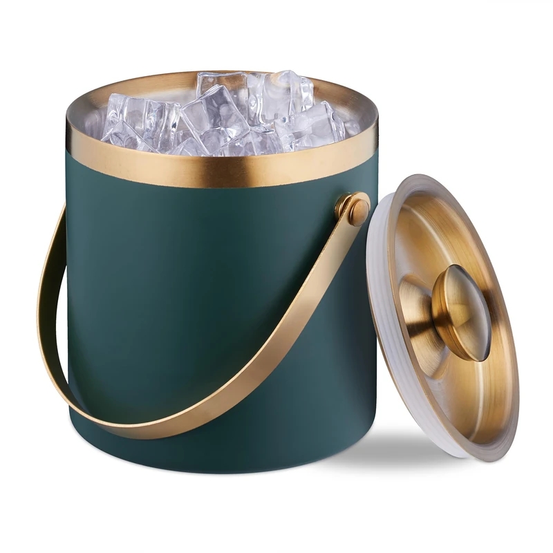 Relaxdays Ice Cube Bucket, Stainless Steel, Double-Walled, with Lid & Handle, 1.5 Litre, Wine, Bottle Cooler Green/Gold, 17 x 17 x 16 cm