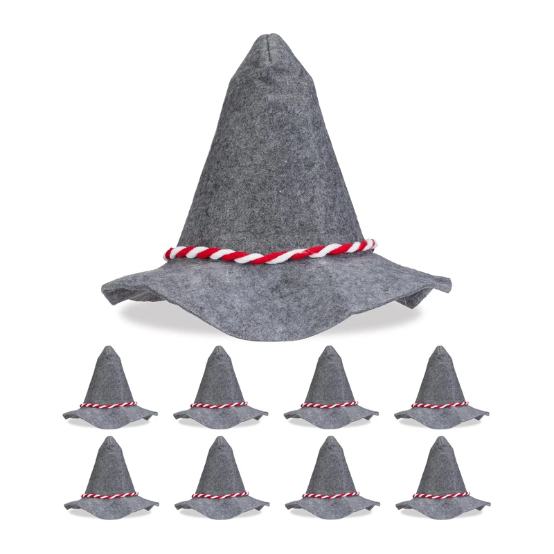 Relaxdays Bavarian Hat Set of 9, White Cord, Carnival Headwear, Halloween Costume, Wide Brim, Felt, Grey/Red, 7 x 6 x 6 cm