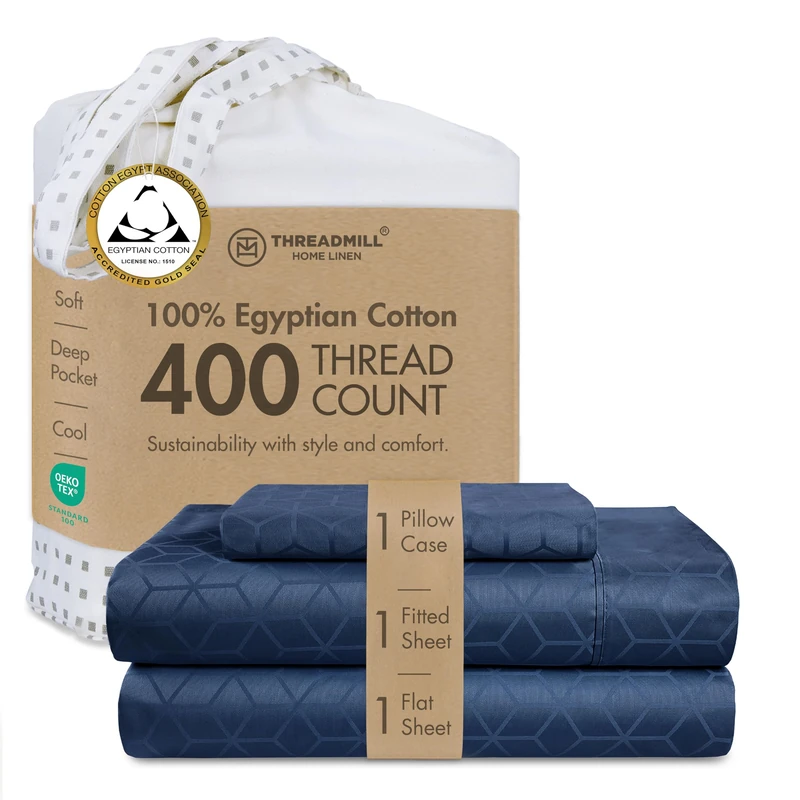 Threadmill 400TC Egyptian Cotton Twin Sheet Set, Jacquard, Folkstone Blue
