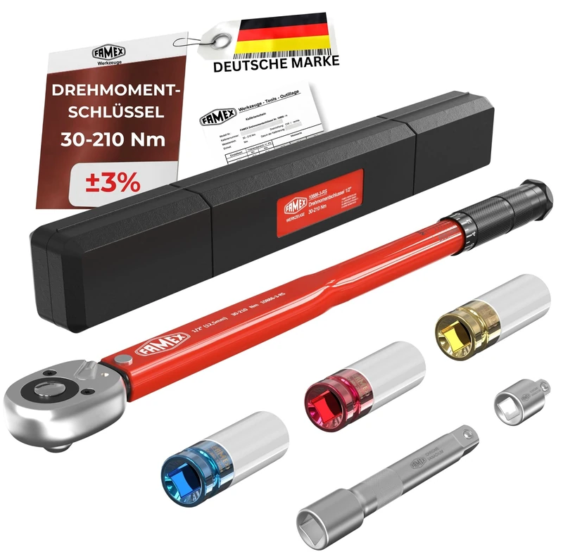 FAMEX 10886-3-RS-KS Torque Wrench 1/2 Inch (12.5 mm) 30-210 Nm +/- 3%, 3 Sockets/Protective Inserts, with Calibration Certificate - for Car, Motorcycle, SUV, Van