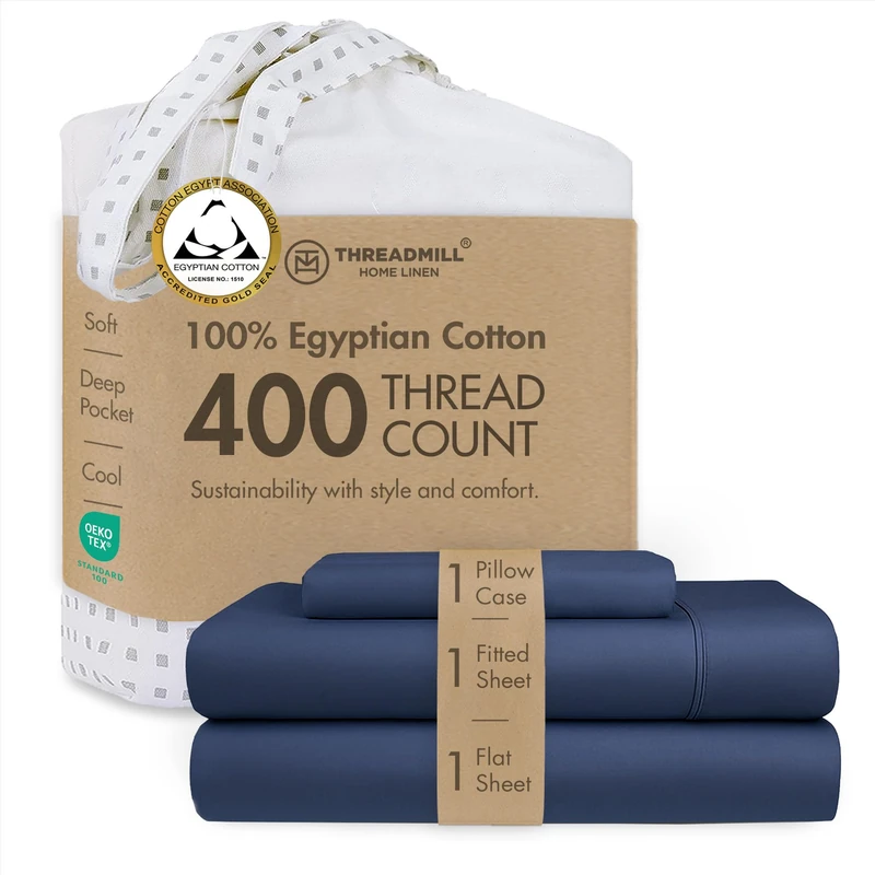 Threadmill 400TC Egyptian Cotton Twin Sheet Set, Sateen, Folkstone Blue