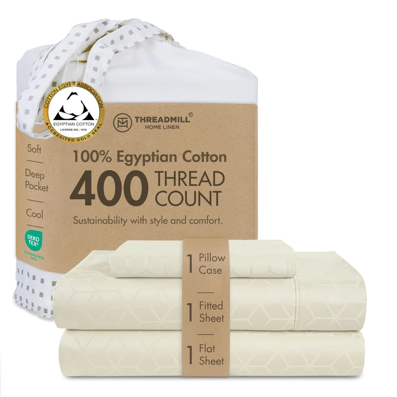 Threadmill 400 Thread Count Egyptian Cotton Twin Sheet Set, Jacquard, Ivory