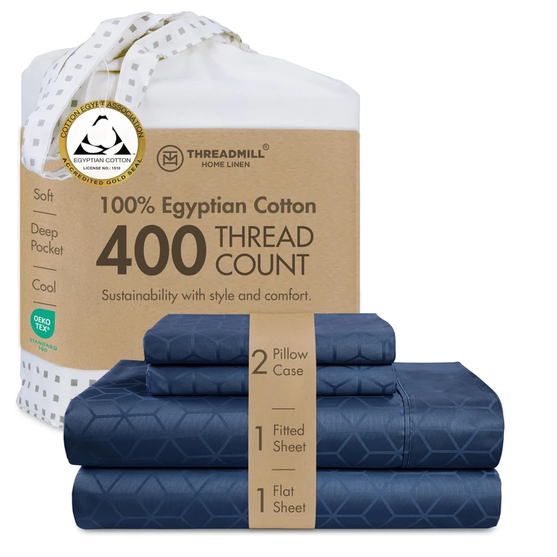 Threadmill 400TC Egyptian Cotton Full Sheet Set, Sateen, Jacquard, 4-Piece