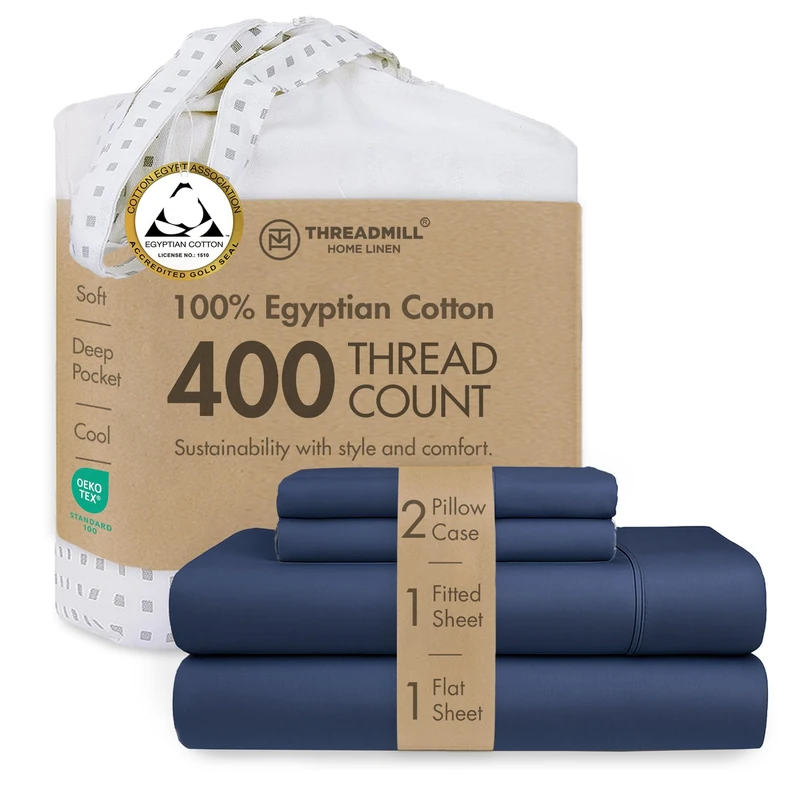 Threadmill Egyptian Cotton Queen Sheet Set | 100% Certified Egyptian Cotton Bed Sheets for Queen Size Bed | Queen Sheet Set with Deep Pocket | Soft Cooling Sateen Bedding Set | Folkstone Blue
