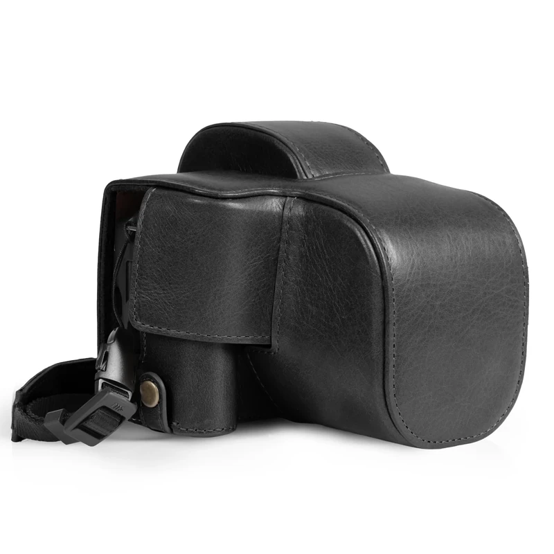 MegaGear Genuine Leather Camera Case for Canon EOS R100 (18-45mm) - Stylish and Protective (Black)
