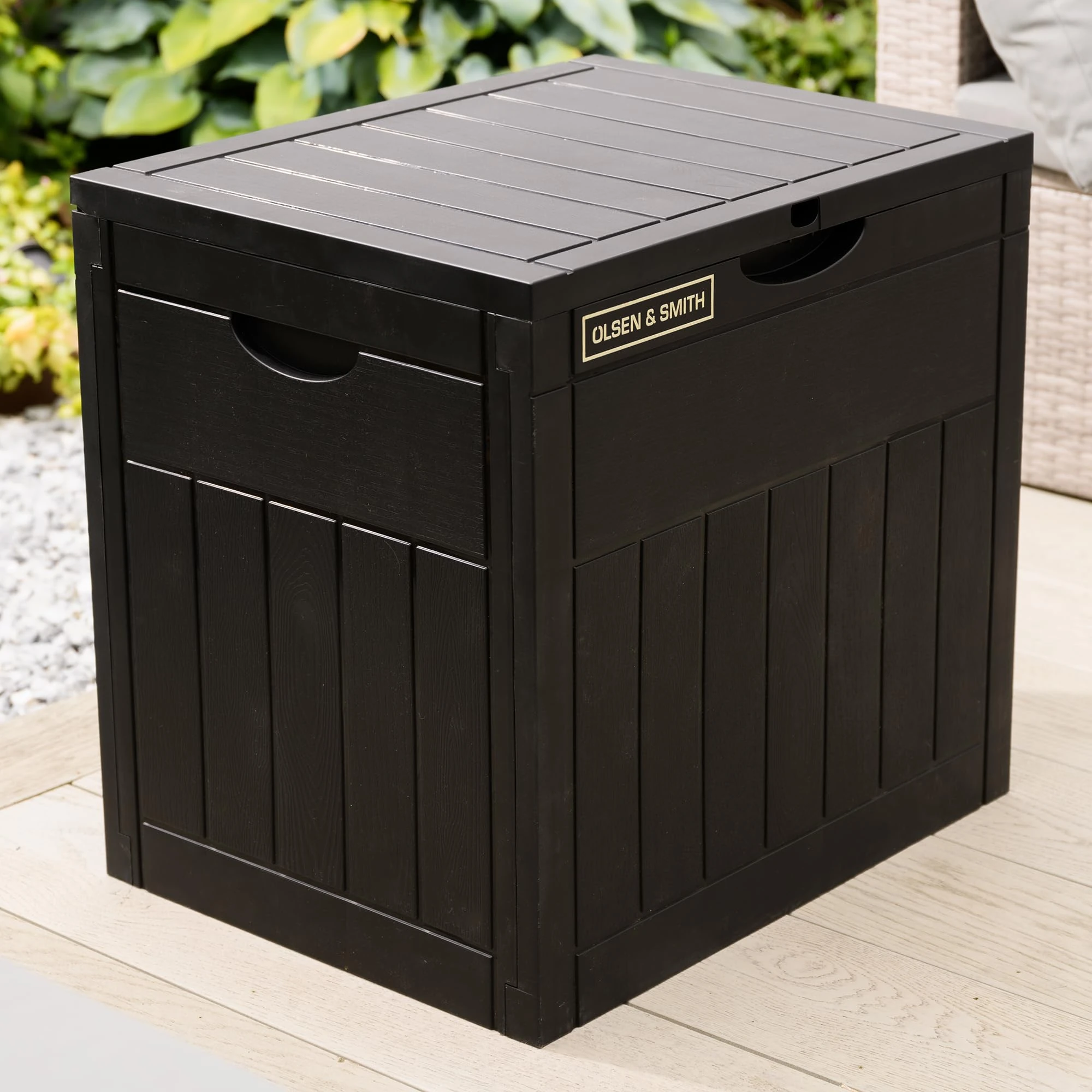 Olsen & Smith Lockable Outdoor Garden Plastic Storage Box Container Chest Lawn Balcony Furniture, Weather Resistant, Wood Panel Effect (126L)