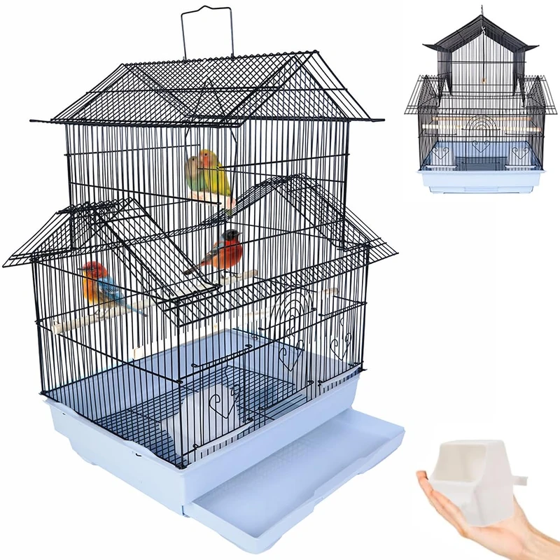BAKAJI Aviary Cage for Birds, House Shape, Parrots, Parakeets, Birds with Metal Sliding Trolley and Wooden Swings, House Cage with Perches and Feeders
