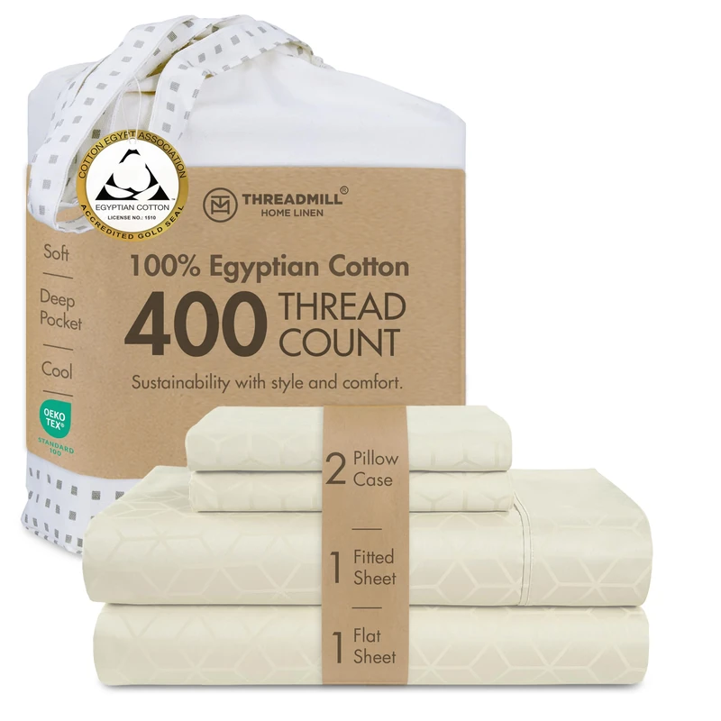 Threadmill 400TC Egyptian Cotton Queen Sheet Set, Jacquard, Ivory, 4-Piece