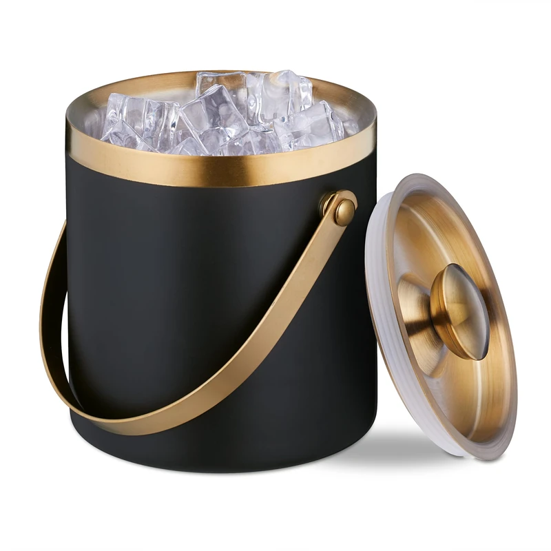 Relaxdays Ice Cube Bucket, Stainless Steel, Double-Walled, with Lid & Handle, 1.5 Litre, Wine, Bottle Cooler Black/Gold, 17 x 17 x 16 cm