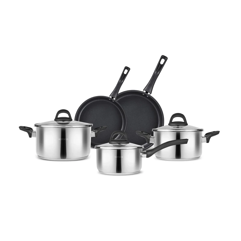 Karaca Gastro Stainless Steel Cookware Set 8-Piece, Casserole, Saucepan, Induction Kitchen Cooking Set for Daily Cooking, Elegant Silver Finish Pots and Pans with Lids