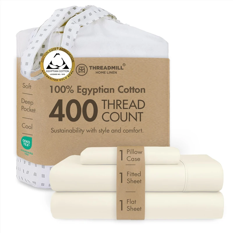 Threadmill 400TC Egyptian Cotton Twin XL Sheet Set, Sateen, Cream, 3-Piece