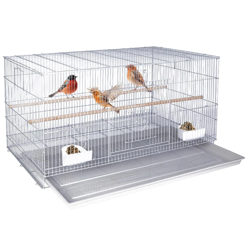 BAKAJI 77.5cm Rectangular Metal Aviary Cage for Parrots, Parakeets, Birds, with Sliding Tray and Wooden Perches, Stackable Cage (Grey)