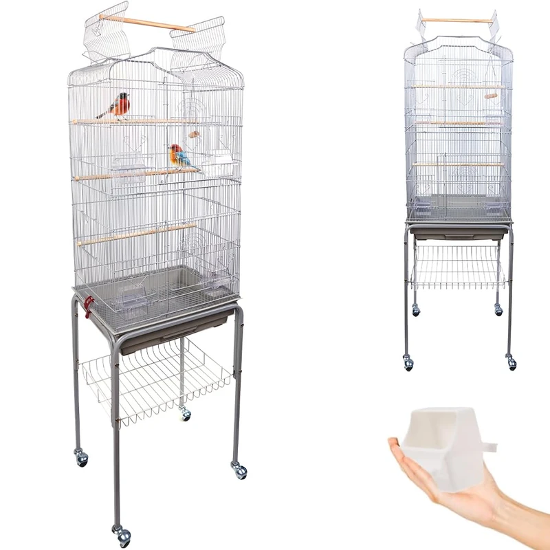 BAKAJI Aviary Cage for Birds, Inseparable Parrots, Cockatiels, Bird Parakeet Cage Pedestal and Wheels, Openable Roof and Feeders, Wooden Perches, Removable Tray (Grey)