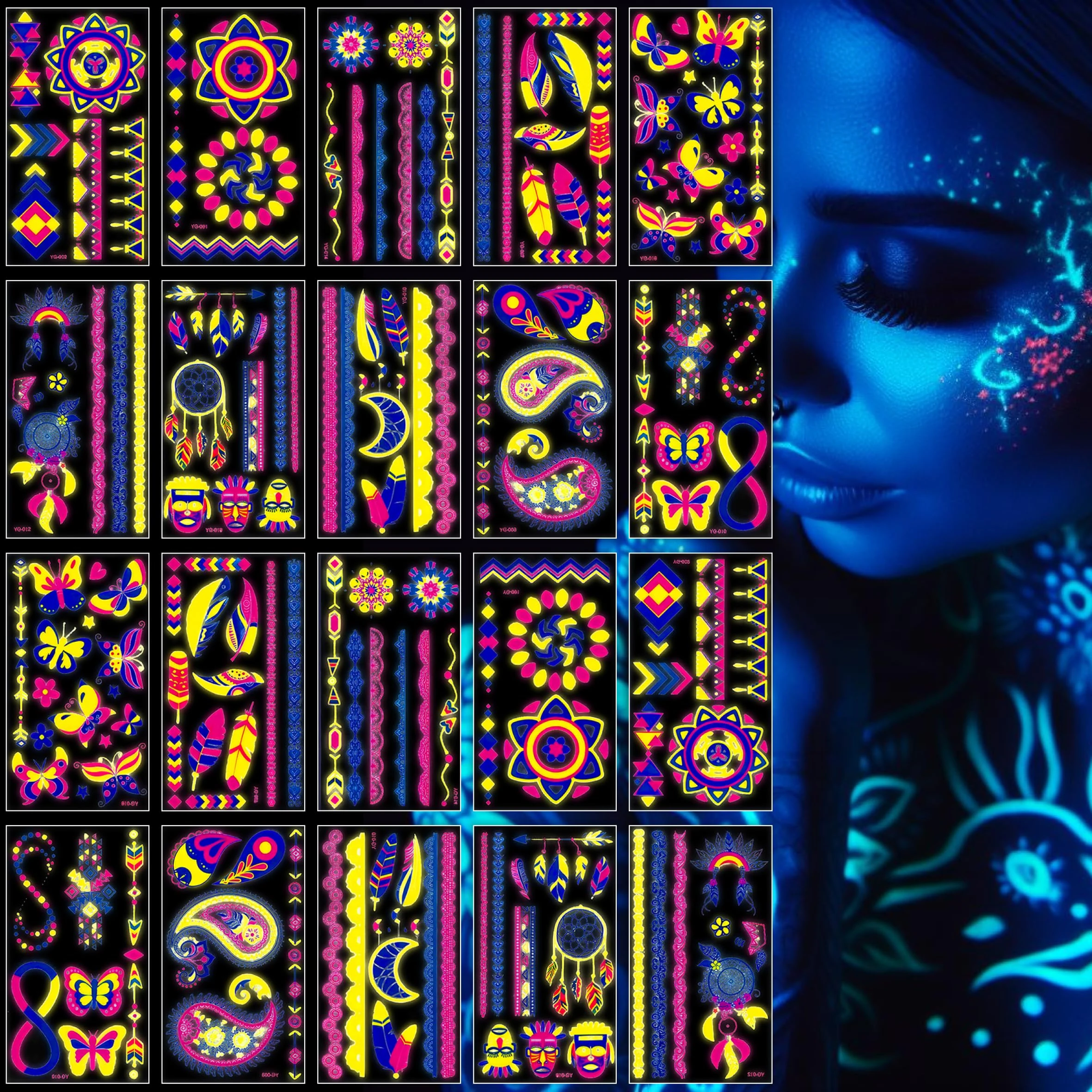 Glow in the Dark Neon Temporary Tattoos - 20 Sheets, 170+ Unique Designs for Party Rave Festival