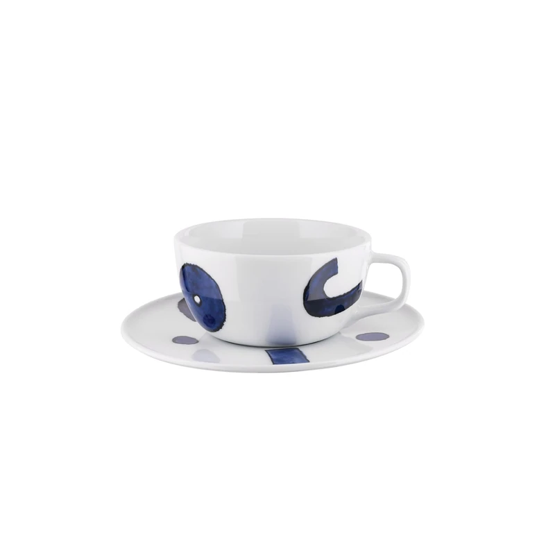 Alessi Itsumo - Yunoki Ware NF08/87S - Designer One Drip Coffee Cup Set with Saucer, Minimalist Aesthetic, in White Porcelain with Samiro Yunoki Decor, Diameter 15 cm