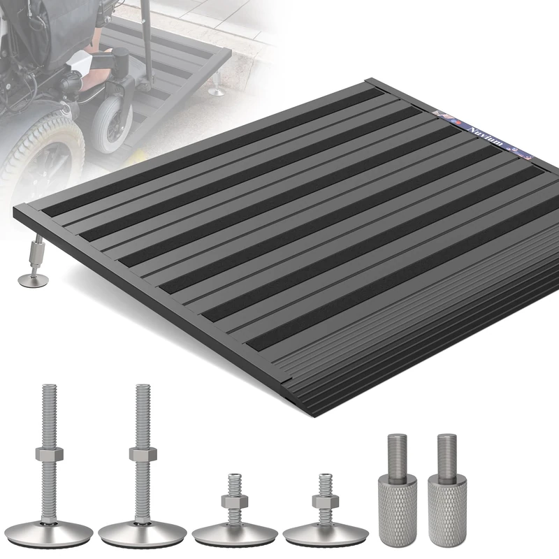Nuvium Threshold Ramp for Doorways,Adjustable Height 2.6"-7.3" Aluminum Wheelchair Ramp with Heightening Screws and Swivel Angle Leg,1100lbs Load Capacity,30"W＆36''L Curb Ramp for Trolley,Power Chairs