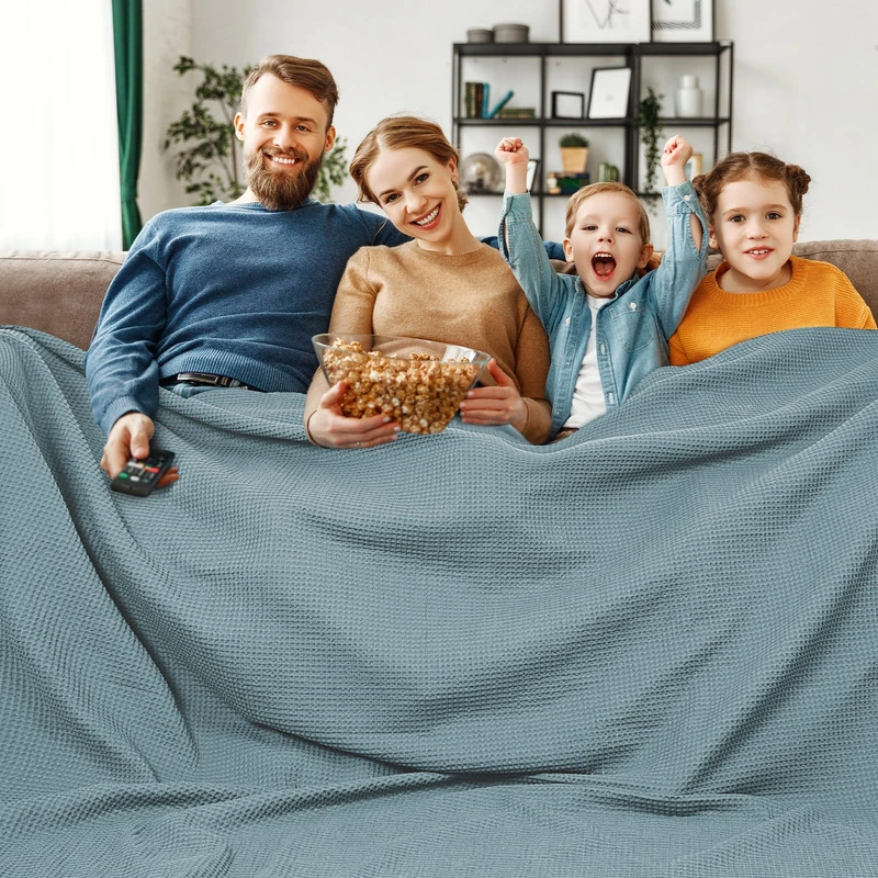 PHF 100% Cotton Waffle Weave Family Blanket,Oversized King Size 120"x 120"-Pre-Washed Snag Proof Lightweight Breathable Moisture-Wicking, 10'x 10' Huge Extra Large Big,Home Decoration Gift-Ocean