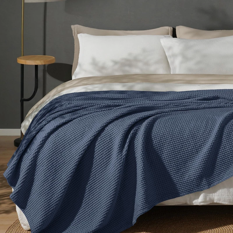 PHF 100% Cotton Waffle Weave Blanket - Queen Size (90" x 90") - Lightweight, Soft, Breathable - All Season - Dark Navy