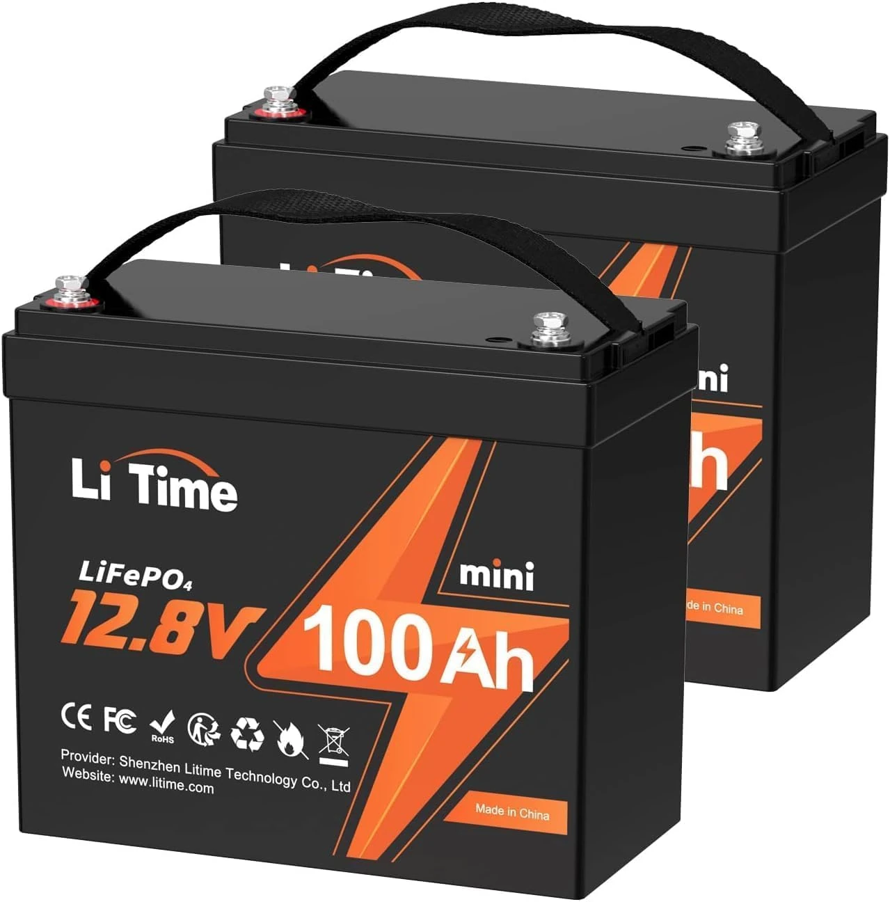 LiTime 2PCS 12V 100Ah Mini Lithium Leisure Battery, Up to 15000 Deep Cycles, 1280W Output Power, LiFePO4 Battery in Small Size for RVs, Solar System, Caravans, Camping, Trolling Motor