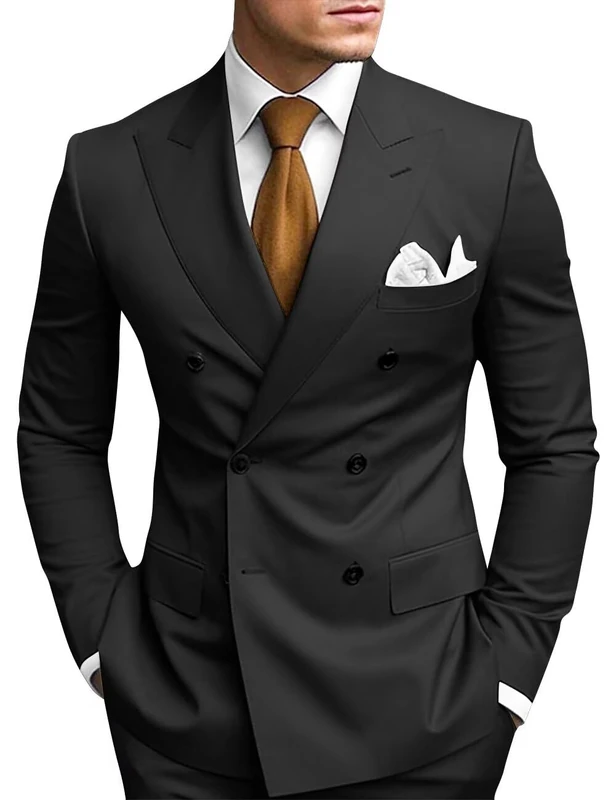 HANBANGWEI 2 Piece Double Breasted Suit Men Slim Fit Mens Double Breasted Blazer Pants Sets Wedding Prom Homecoming Suit, Black, XL