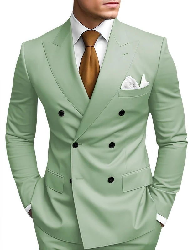 HANBANGWEI 2 Piece Double Breasted Suit Men Slim Fit Mens Double Breasted Blazer Pants Sets Wedding Prom Homecoming Suit, Sage Green, L