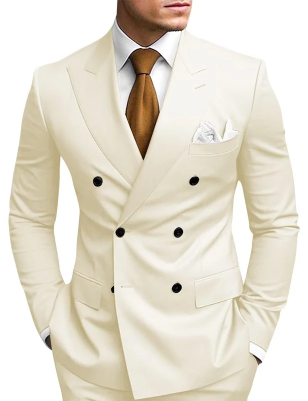 HANBANGWEI 2 Piece Double Breasted Suit Men Slim Fit Mens Double Breasted Blazer Pants Sets Wedding Prom Homecoming Suit, Beige, XL