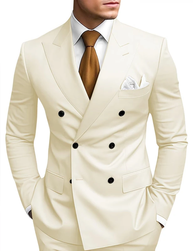 HANBANGWEI 2 Piece Double Breasted Suit Men Slim Fit Mens Double Breasted Blazer Pants Sets Wedding Prom Homecoming Suit, Beige, M
