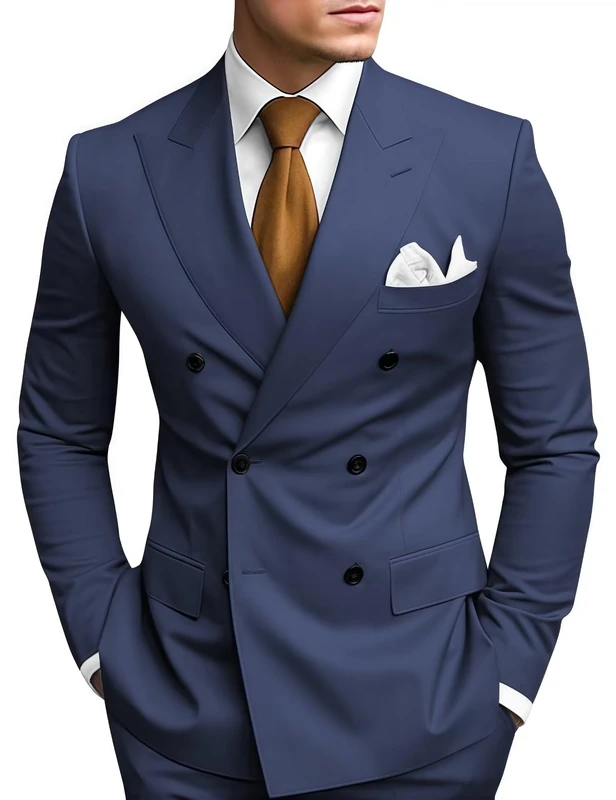 HANBANGWEI 2 Piece Double Breasted Suit Men Slim Fit Mens Double Breasted Blazer Pants Sets Wedding Prom Homecoming Suit, Navy Blue, S
