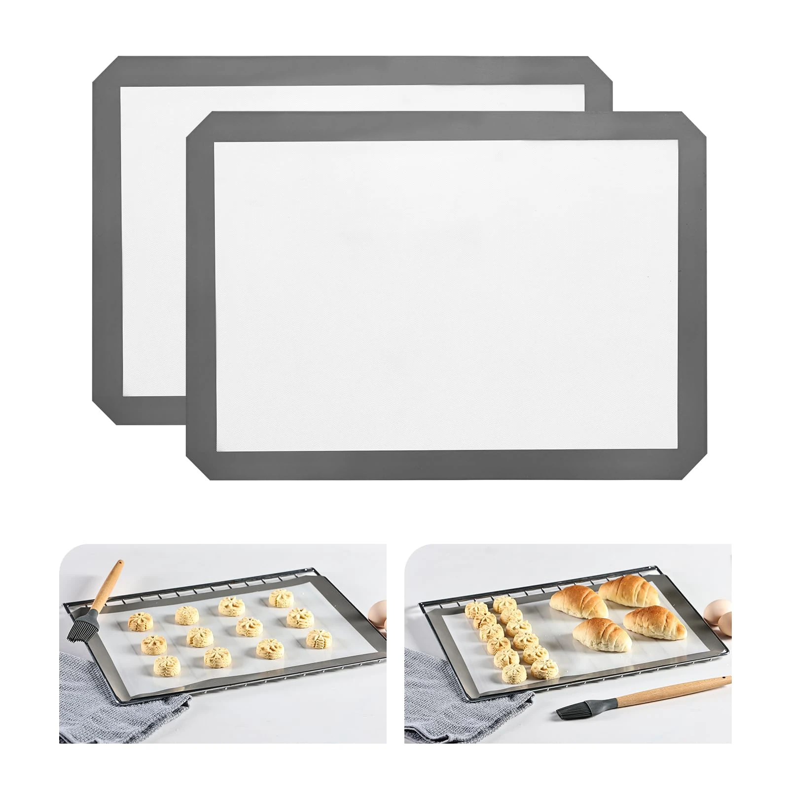 KitchenRaku Silicone Baking Mat, 16.5"x11.6" (42 x 29.5 cm) Non Stick Reusable Silicone Cooking Mat, BPA Free Baking Sheet for Cookies, Macarons Bread & Pastry, Toaster Pad Set of 2