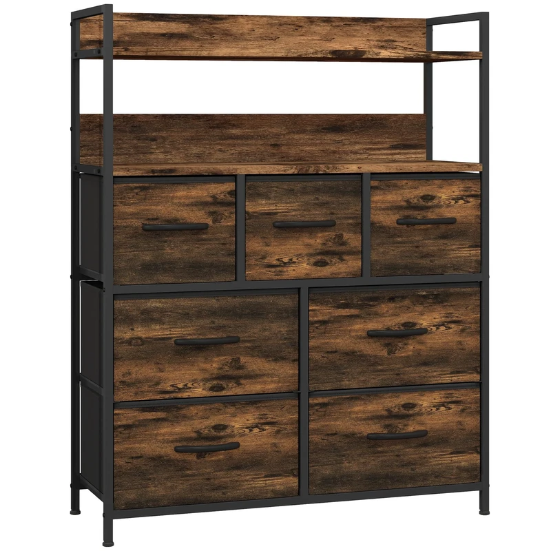 HOMCOM Bedroom Chest of Drawers, Fabric Dresser with 7 Drawers, Storage Organiser Unit with Open Shelves and Metal Frame for Living Room, Entryway, Rustic Brown