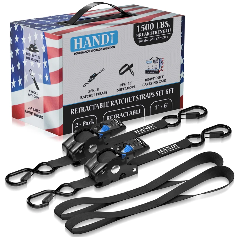 HandT USA Based Retractable Ratchet Straps (2PK) 1in x 6ft - 1,500lb Break Strength, Heavy Duty Automatic Ratchet Straps Self Retractable Tie Down, Push Button Retracting Truck Trailer Cargo | Black