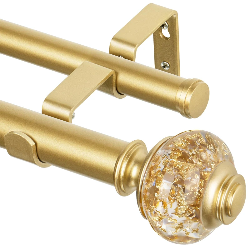 1 Inch Gold Double Curtain Rods for Windows 120 to 180 Inches, USFOOK Adjustable Heavy Duty Drapery Rods 140 to 195 Inches, Telescoping Dual Curtain Rod with Translucent Finials, Wall Mounted