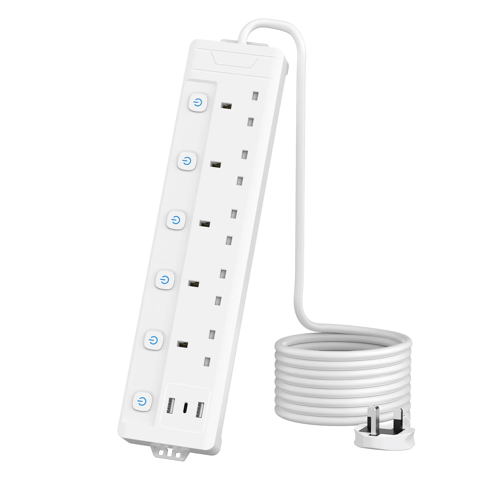 4M Extension Lead 5 Way with 3 USB Slots (2 USB-A,1 USB-C), Individually Switched, White 4 Metre Extension Lead, For Home Dorm Office