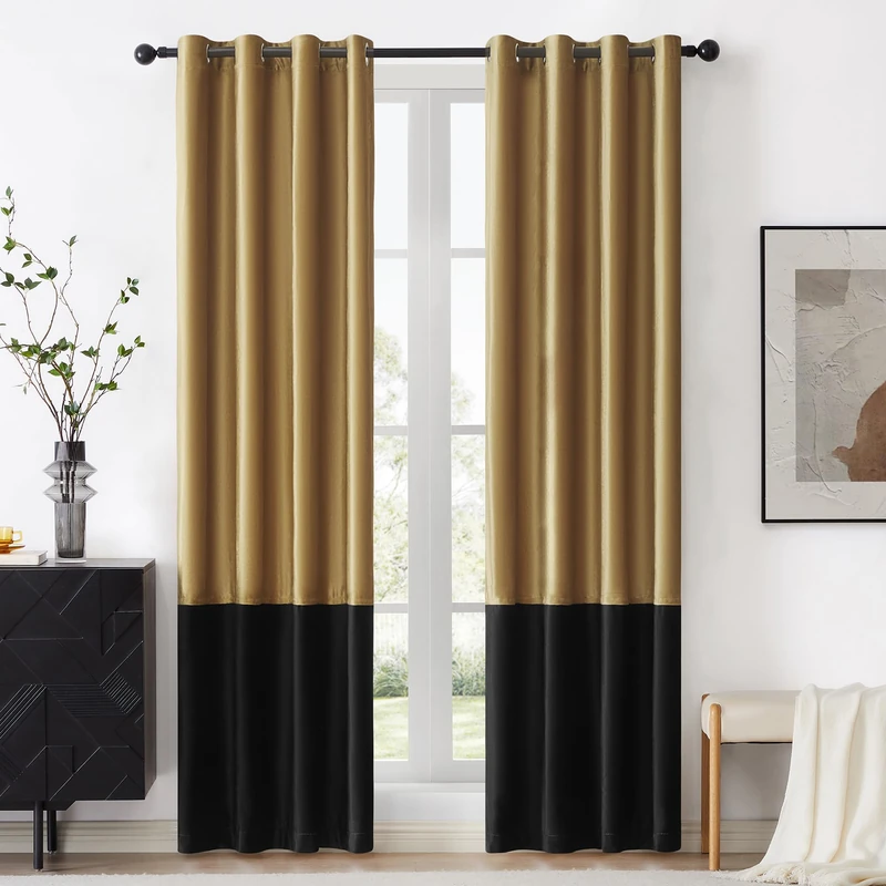 BULBUL Color Block Window Curtains Panels 90 inches Long Gold Black Velvet Farmhouse Drapes for Bedroom Living Room Darkening Treatment with Grommet Set of 2