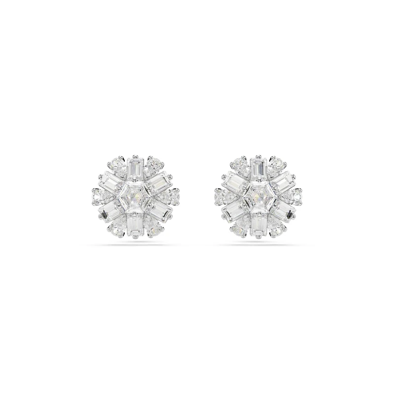 Swarovski Idyllia stud earrings, Mixed cuts, Snowflake, White, Rhodium plated