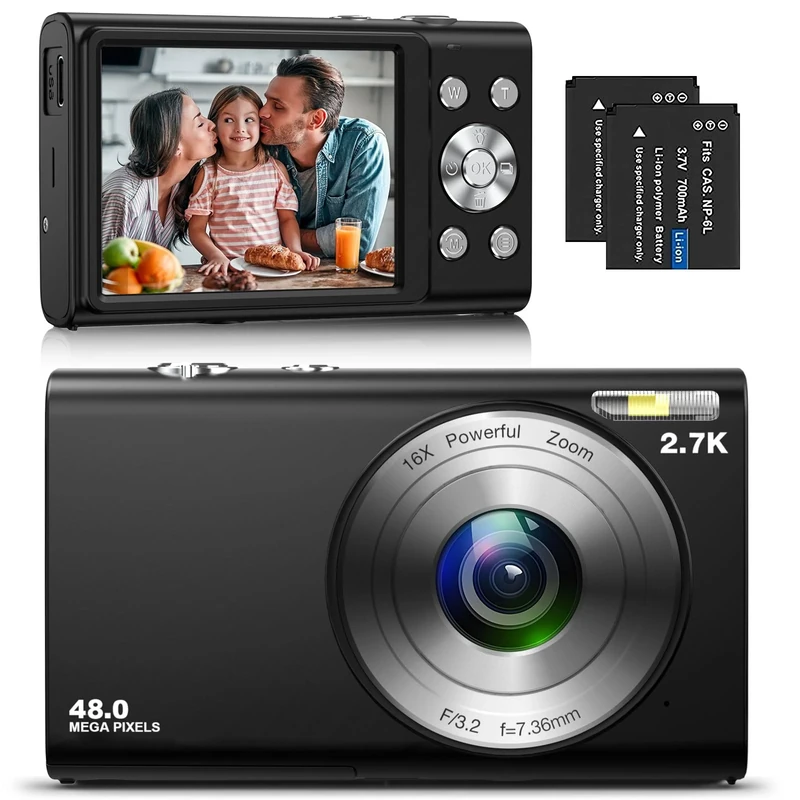 Digital Camera, Autofocus Compact Camera HD 2.7K 48MP with 2.8" Large Screen, 16X Digital Zoom, Portable Mini Camera for Photography, Vlogging Camera for Kids,Adult,Beginners（Black）