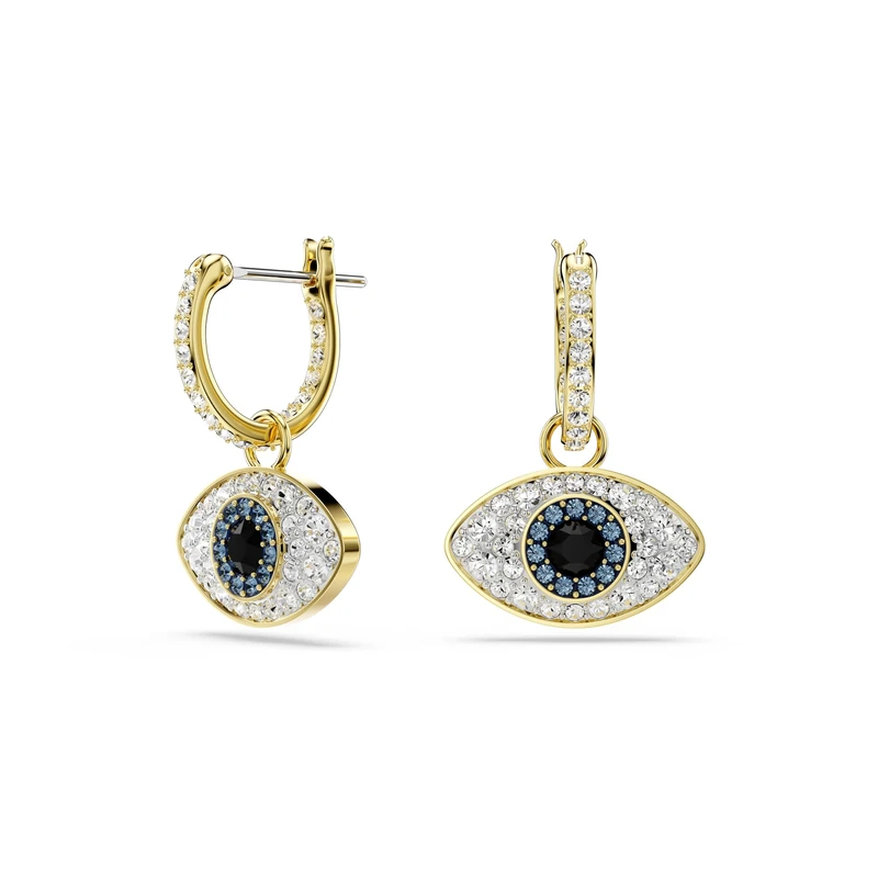 Swarovski Symbolica Drop Earrings, Evil Eye Motif with Clear, Blue and Black Pavé Crystals in a Gold-Tone Finished Setting, Part of the Swarovski Symbolica Collection