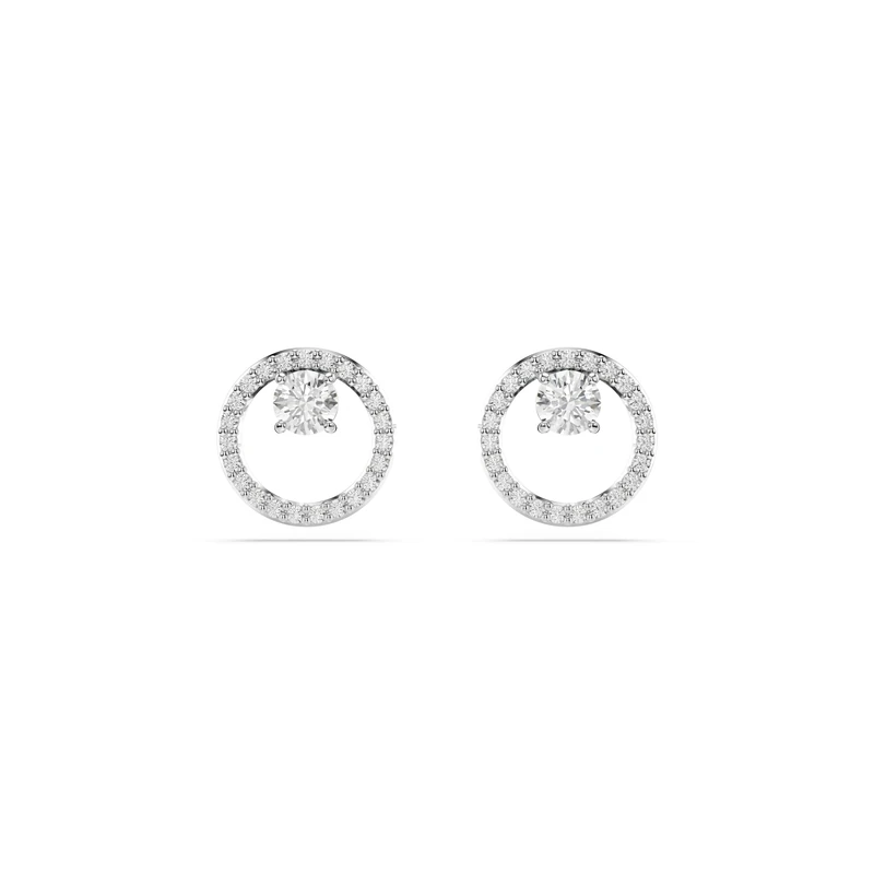 Swarovski Constella Circle Stud Earrings, Pavé Ring of Clear Crystals with Clear Round-Cut Centre Stone in a Rhodium-Finished Setting, Part of the Swarovski Constella Collection