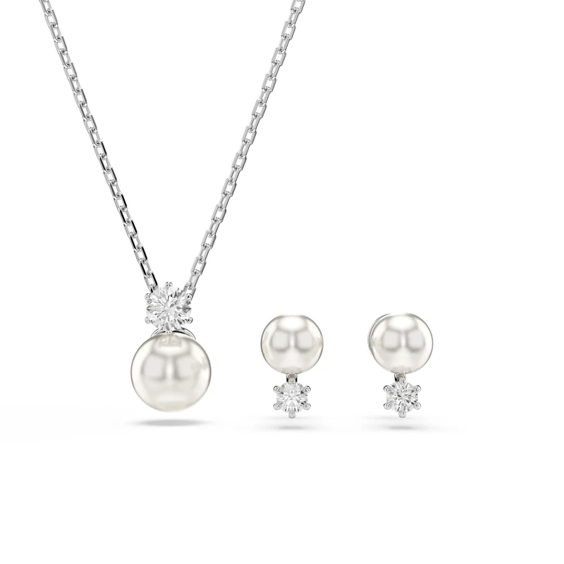 Swarovski Matrix Necklace and Earring Set, Crystal Pearls and Clear Round-Cut Stones in a Rhodium-Finished Setting, Part of the Matrix Collection