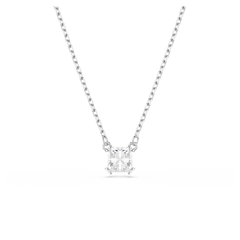 Swarovski Stilla Attract Pendant Necklace, Clear Square-Cut Stone in a Rhodium-Finished Setting, Part of the Stilla Collection