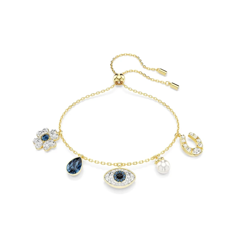 Swarovski Symbolica Charm Bracelet, Mystical Symbols with Blue Mixed-Cut Stones and Clear Crystals in a Gold-Tone Finished Setting, Part of the Symbolica Collection
