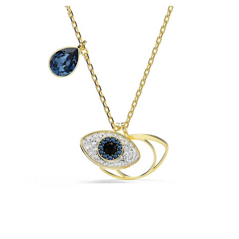 Swarovski Symbolica Pendant Necklace, Evil Eye Motif with Blue Mixed-Cut Stones and Clear Pavé Crystals in a Gold-Tone Finished Setting, Part of the Symbolica Collection